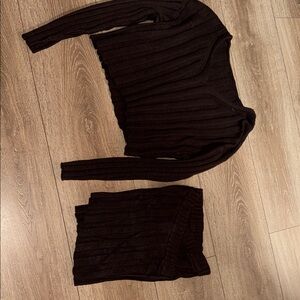 Brown Ribbed Knit Sweater and Skirt Set